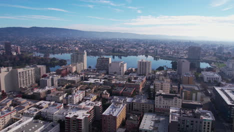 Oakland-California-USA,-Aerial-View-of-Residential-Condo-Buildings-by-Lake-Merritt,-Drone-Shot