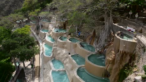 Proximity-flight-near-the-thermal-turquoise-pools-of-Grutas-de-Tolantongo,-Mexico