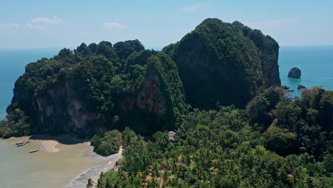 Cliffs-On-Railay-Beach-Krabi-Thailand---Aerial-Drone-Shot