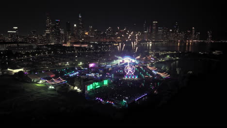 Aerial-view-away-from-the-Beyond-Wonderland-EDM-Festival-area,-night-in-Northerly-Island,-Chicago