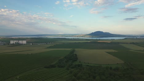 Aerial-view-of-vineyards,-lake-and-the-mighty-Pálava-hill