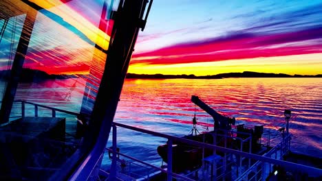 View-from-ferryboat-at-sunset,-sailing-along-Norwegian-coast-with-silhouetted-mountains-and-vibrant-colors-reflected-in-windows