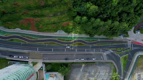 Aerial-view-looking-down-onto-Estrada-da-Rainha-street-in-Balneario-Camboriu,-SC---Brazil