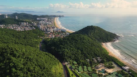 aerial-veiw-of-the-coast-side-of-Santa-Catarina,-Brazil---Itajai-beach-and-and-Morro-do-Careca-,-Balneario-Camboriu,-Brazil