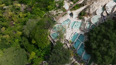 Vuelo-Con-Drones-Sobre-Las-Piscinas-Termales-Del-Resort-Grutas-De-Tolantongo,-México