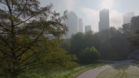 Reveal-of-Houston-skyline-behind-trees-under-fog