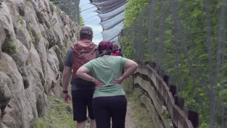 Hikers-walk-along-part-of-the-irrigation-channel-hiking-path-in-Algund---Lagundo,-South-Tyrol,-Italy