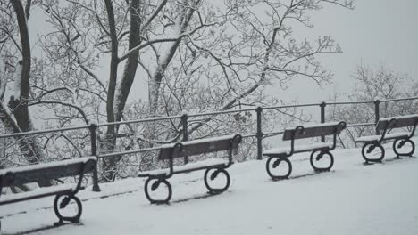 Benches-on-the-viewing-platform-in-the-park-are-covered-with-the-blanket-of-light-first-snow