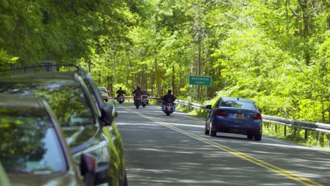 Biker-Gang-Fährt-Mit-Motorrädern-Auf-Einer-Straße-In-Einem-Waldgebiet