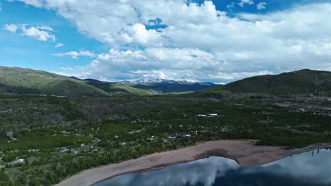 Sandy-banks-of-Dillon-reservoir-in-Frisco-Colorado-with-cloud-shadows-over-landscape