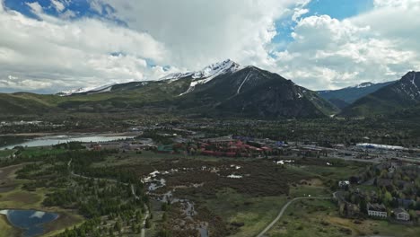 Aerial-estabilshing-dolly-of-Frisco-Colorado-suburbs-at-base-of-stunning-snowy-mountains