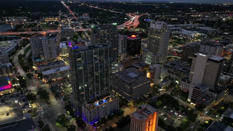 High-aerial-shot-of-downtown-Tampa,-Florida-at-night