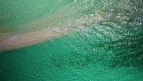 Olas-Turquesas-Lavándose-En-Una-Playa-De-Arena-En-Los-Roques,-Venezuela,-Vista-Aérea