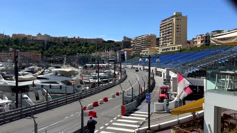 Street-of-Monaco-during-Grand-Prix-race-course-with-spectator-stands-during-sunny-day-in-summer