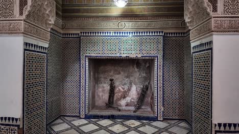 Fireplace-in-Moroccan-home,-authentic-arabic-tiles,-inside-Marrakesh-riad