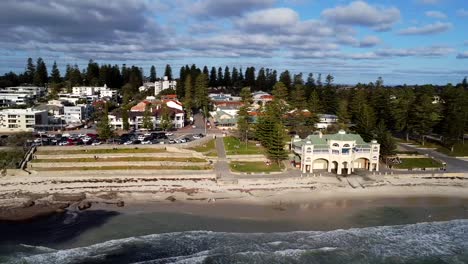 Wide-Aerial-panning-across-Cottesloe-Beach,-Perth,-Western-Australia