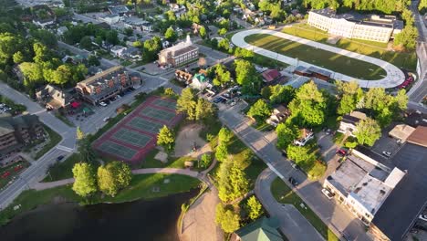 Aerial-view-of-downtown-Lake-Placid,-New-York-With-some-of-the-Olympic-venues