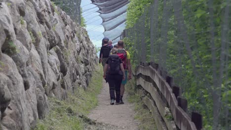 Hikers-walk-along-part-of-the-irrigation-channel-hiking-path-in-Algund---Lagundo,-South-Tyrol,-Italy