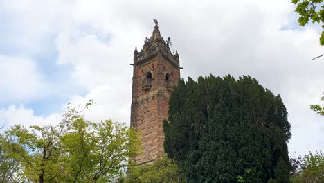 Looking-up-at-Cabot-Tower-Grade-2-listed-building-on-Brandon-Hill-in-city-of-Bristol,-England-UK