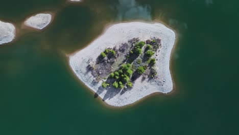 Drone-descends-on-sandy-island-with-small-grouping-of-evergreen-trees-and-shadows