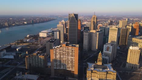 Aerial-View-of-Bricktown-and-Lafayette-Park-Neighborhoods-in-Detroit,-Michigan-near-the-Detroit-River