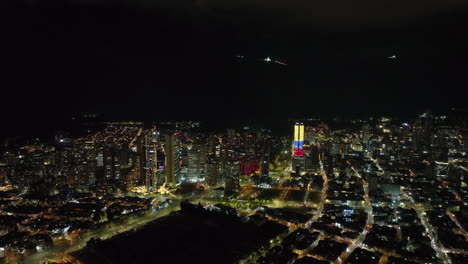 Drone-circling-the-vibrant-skyline-of-Bogota-city,-nighttime-in-Colombia