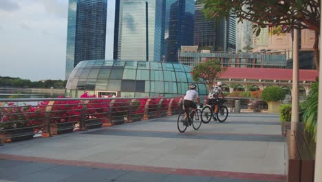 Two-Asian-Young-Men-Wearing-Helmet-Riding-Bicycle-On-The-Road-At-Marina-Bay-Singapore