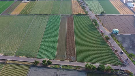 Luftaufnahme-Aus-Der-Vogelperspektive,-Überflug-über-Die-Riesigen-Landwirtschaftlichen-Ackerflächen,-Fängt-Eine-Malerische-Ländliche-Landschaft-Ein,-Mit-Verkehr,-Der-Auf-Den-Malerischen-Landstraßen-Zusammenläuft-Und-Die-Schönheit-Der-Landschaft-Zur-Schau-Stellt