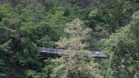 Menschen-überqueren-Eine-Kurze-Hängebrücke,-Die-Von-Wald-Umgeben-Ist