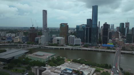 Brissy-South-Bank-Park-Australia-aerial-drone-Wheel-of-Brisbane-City-tall-skyscraper-skyline-River-bus-Go-Between-William-Jolly-Story-Bridge-Quay-ferry-boats-cloudy-Aussie-autumn-winter-static-shot