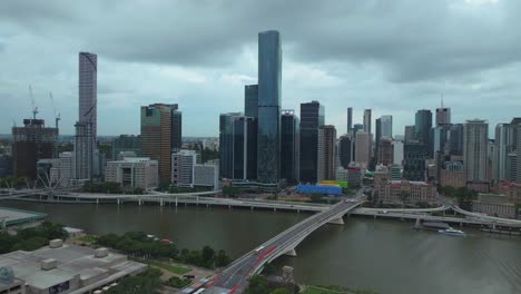 Brissy-South-Bank-Park-Australia-aerial-drone-Wheel-of-Brisbane-City-skyscraper-skyline-River-bus-Go-Between-William-Jolly-Story-Bridge-Quay-ferry-daytime-cloudy-Aussie-autumn-winter-circle-left