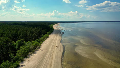 Drone-fly-slow-above-solitude-of-white-sand-beach-shore-next-to-green-forest-sky-horizon-background-at-daylight,-low-tide