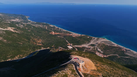 AERIAL:-Panorama-Llogara-viewpoint-and-the-coast-of-Dhermi,-in-Albanian-Riviera