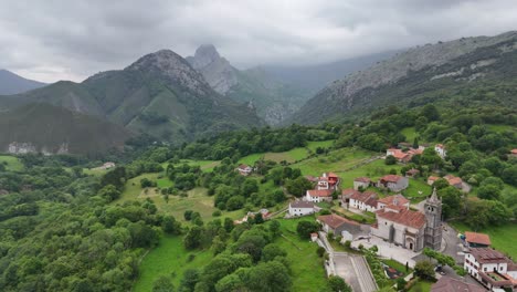 Alles-village--Asturias,-Spain-Picos-de-Europa,-drone,aerial