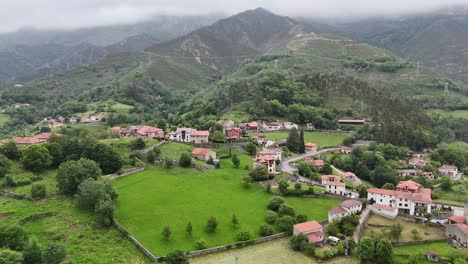 Panning-drone-aerial-Alles-village-Asturias,-Spain-Picos-de-Europa,-drone,aerial