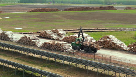 Tractor-loading-birch-tree-logs-by-plywood-factory