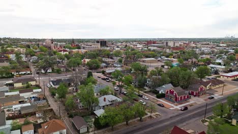 Aerial-panoramic-pullback-above-suburban-neighborhood-in-Pueblo-Colorado