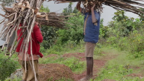 Two-people-carrying-large-bundles-of-firewood-through-a-lush,-green-landscape-in-Kampala,-Uganda