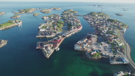 Flying-over-the-city-of-Henningsvaer-with-beautiful-colors