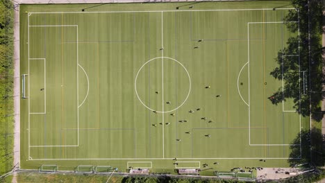 Stationary-top-down-drone-shot-of-soccer-or-football-match