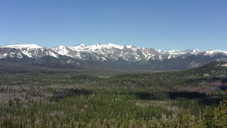 Snow-capped-mountains-of-Sierra-Nevada-rise-above-lush-forests-under-a-clear-blue-sky