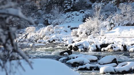 Toma-Estática-En-Cámara-Lenta-Muestra-Rápidos-Cubiertos-De-Nieve-En-Un-Entorno-Invernal-Sereno-Y-Soleado.