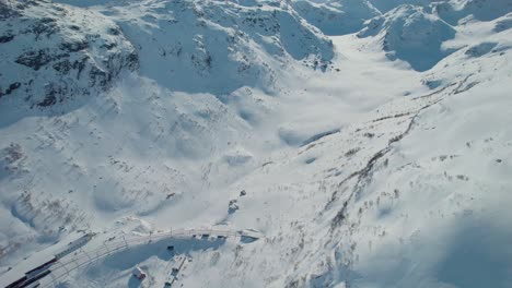 Aerial-panoramic-overview-of-Myrdal-Norway-quaint-village-outpost-in-snow,-drone-of-winter-wilderness