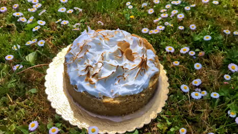 Decorated-lemon-pie-on-green-grass,-surrounded-by-vibrant-wildflowers