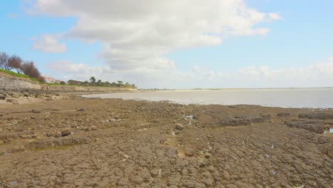 A-rocky-shoreline-with-a-few-houses-on-a-cloudy-day