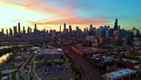 Aerial-view-over-the-River-West-district,-colorful-morning-in-Chicago,-USA