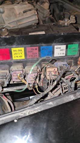 Close-up-of-the-engine-and-fuse-box-in-a-90's-Nissan-Patrol-SUV