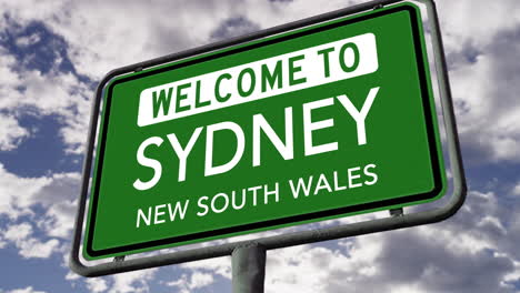 Welcome-to-Sydney,-New-South-Wales,-Australia,-City-Road-Sign,-Realistic-3D-Animation