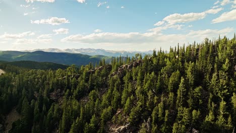 Goldenes-Sonnenlicht-Erhellt-Immergrüne-Wälder,-Die-Grün-Leuchten,-Während-Eine-Drohne-Den-Blauen-Himmel-Von-Colorado-überblickt