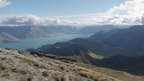 View-of-Lake-Wakatipu,-and-mountains-on-a-sunny-summer-day-from-Ben-Lomond,-Queenstown,-New-Zealand
